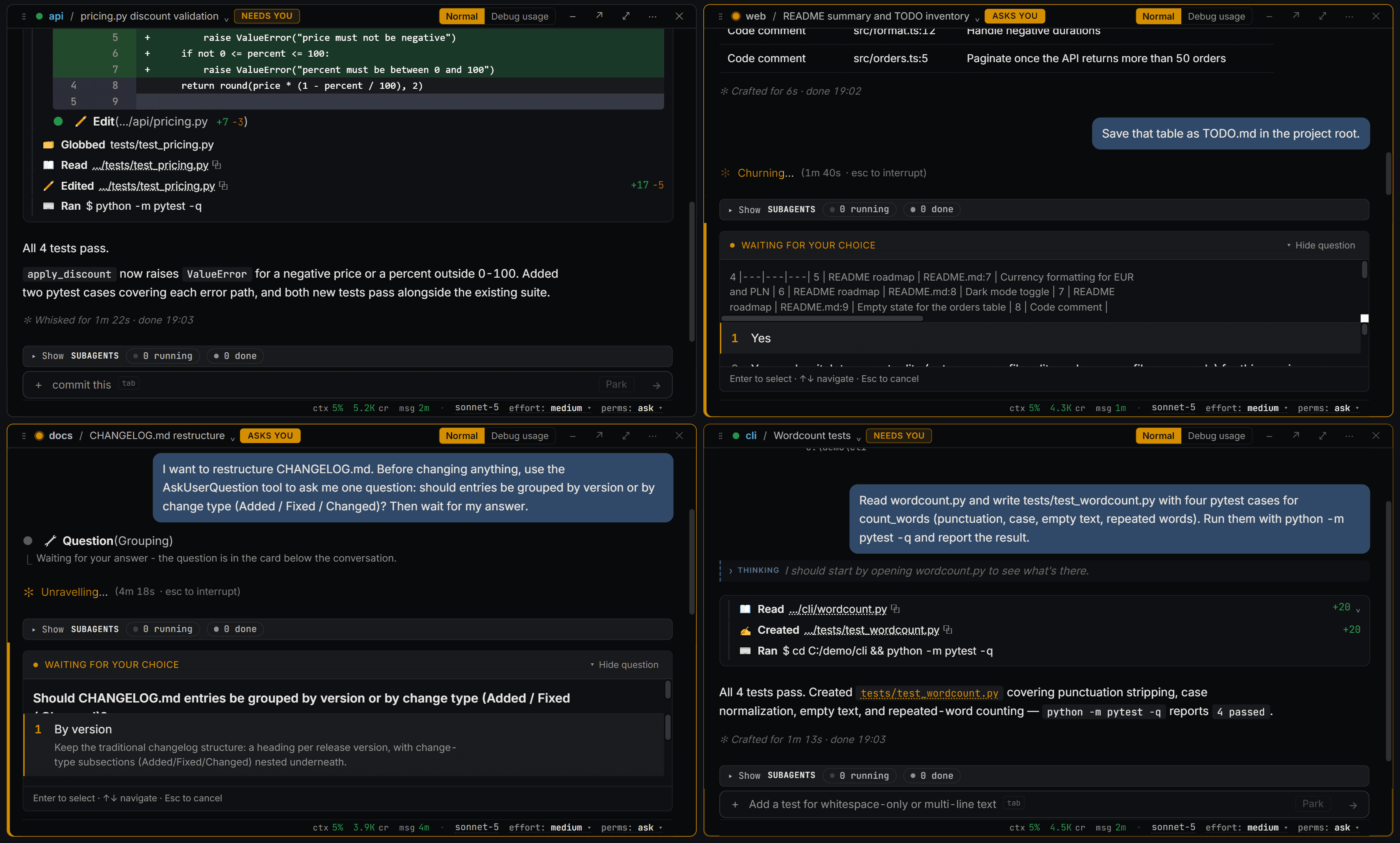The launcher with four live Claude Code sessions in throwaway demo folders. Two panes show a finished pytest run with the diff and tool calls; the other two are marked 'asks you' and show a question card waiting for an answer.