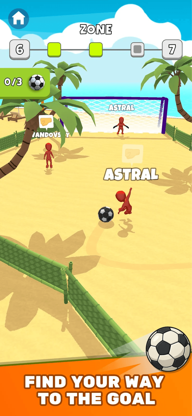 Beach level: the ball weaves between fences toward the goal