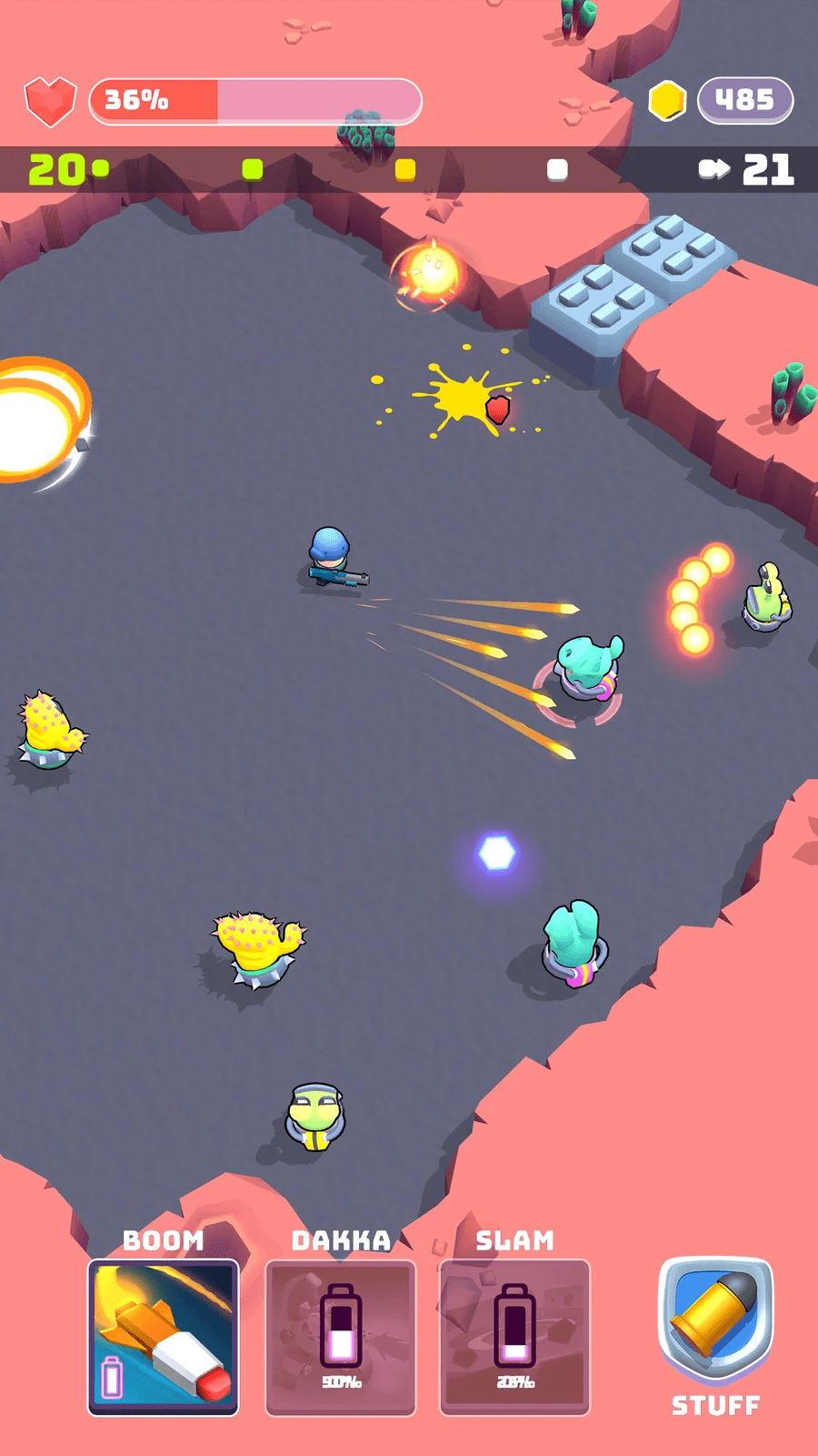 Top-down arena: the player firing at a wave of enemies