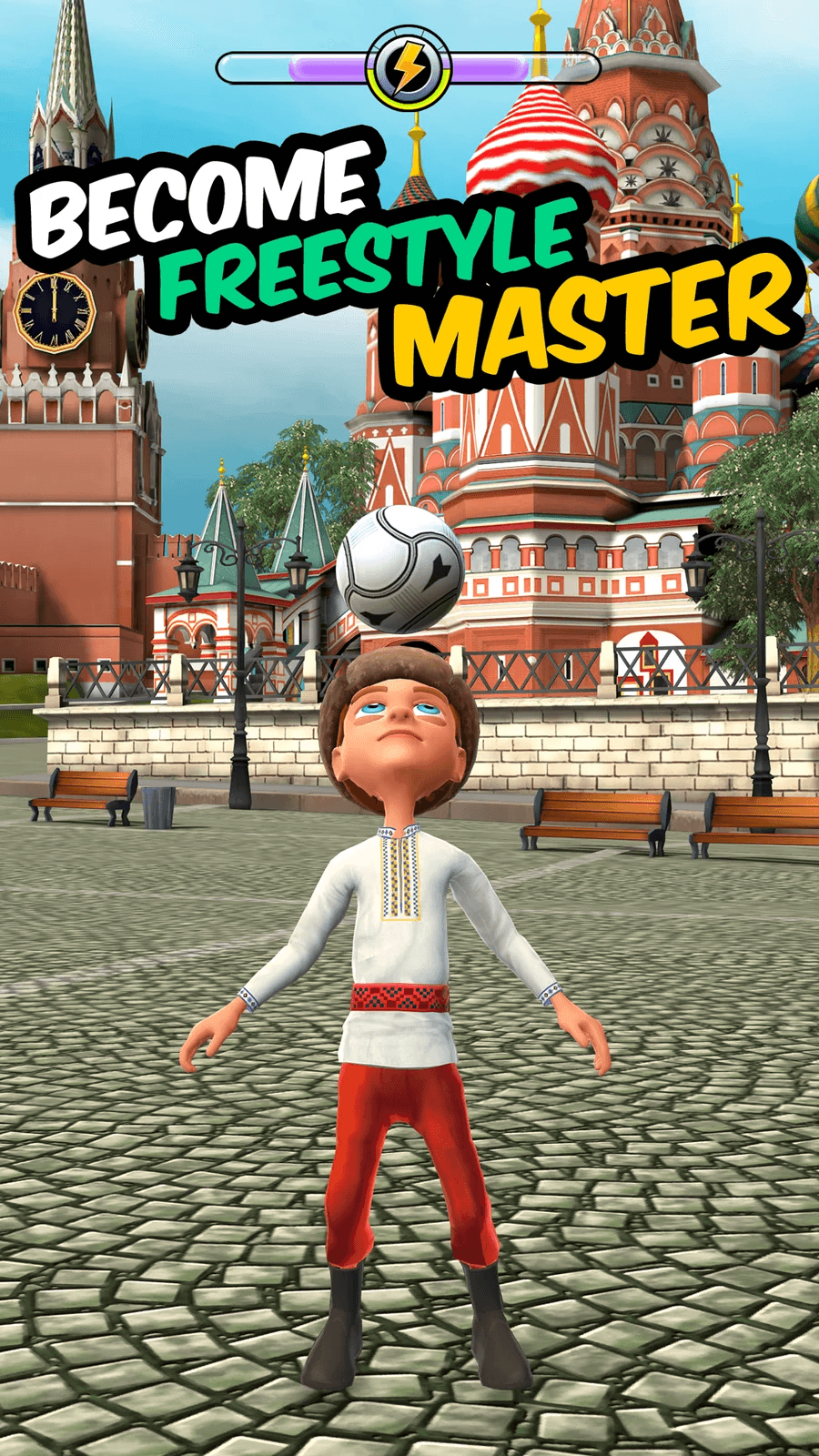 A freestyler juggling the ball on a city square