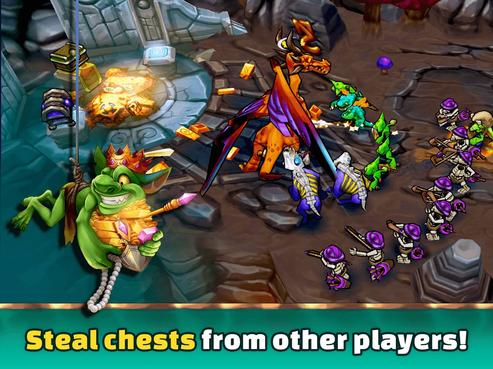 A hero raiding another player's base for treasure chests