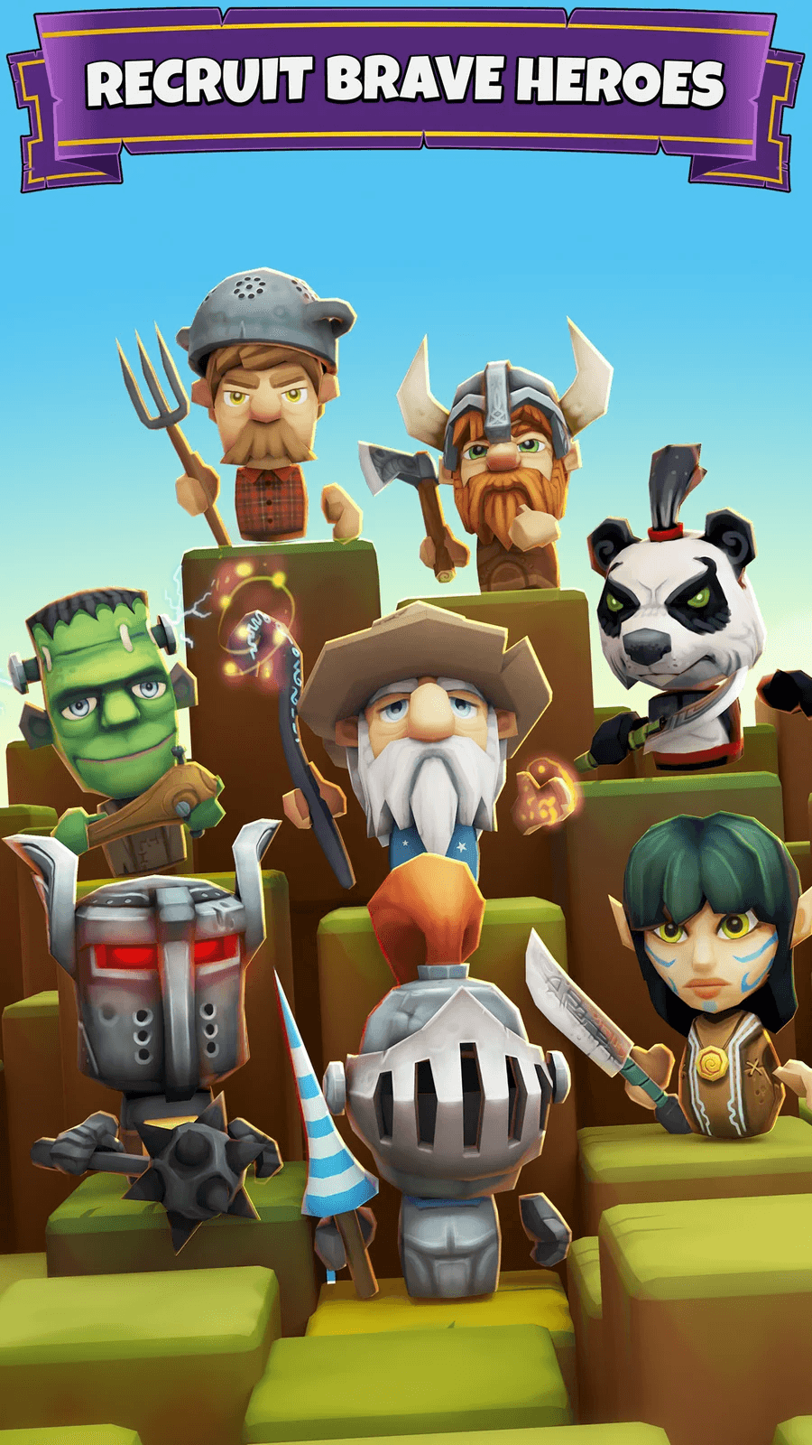 Hero line-up: recruitable heroes including a panda and a viking
