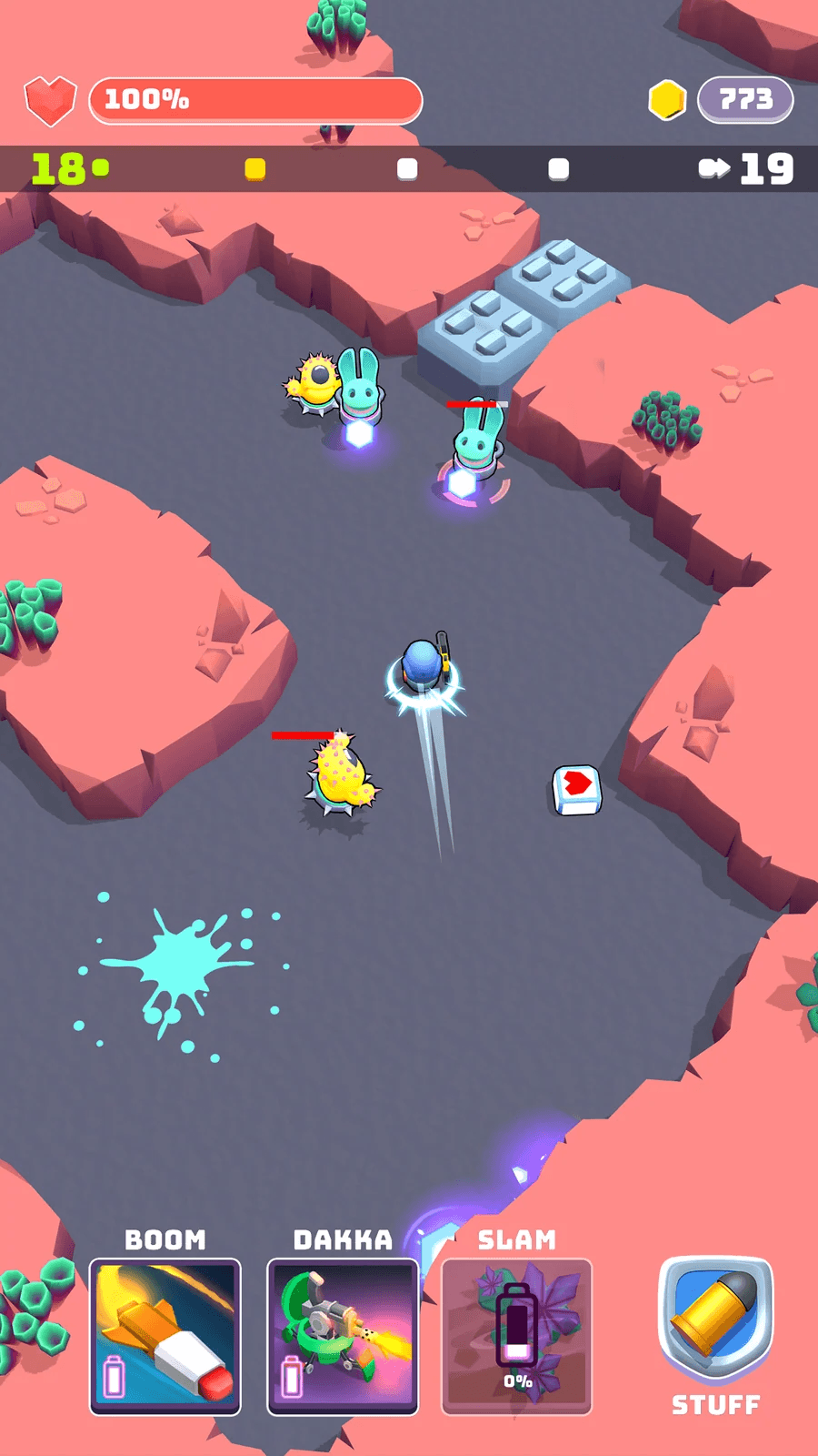 The player dashing past enemies, with the ability bar below
